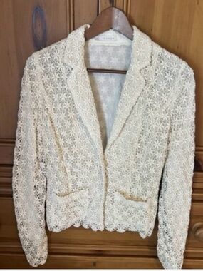 Hinge Ivory Crochet Floral Lace Collared Jacket Blazer Size S Boho Feminine